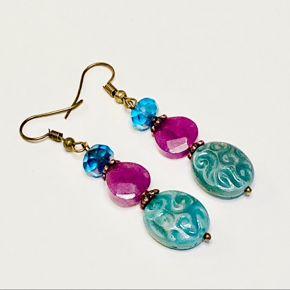 Azure Crystal Purple Lepidolite Stone & Teal Green Czech Glass Relief Earrings - Picture 5 of 7